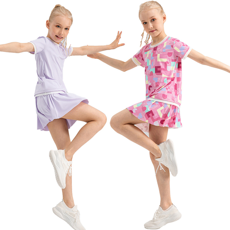 2PCS Unique Tie Dye Printed Casual Sweat Workout Sets Summer Sportswear for Kids Girls, Loose Fit T Shirt and 2 in 1 Skirt Little Girls Athletic Outfits