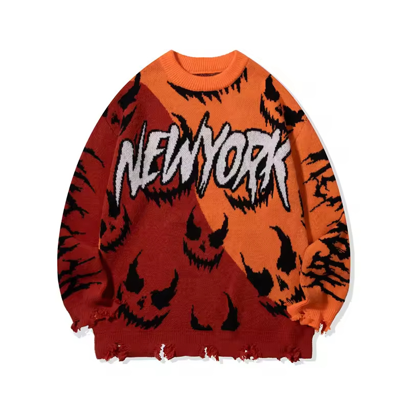 Men's Halloween Pumpkin Graphic Sweater Oversized Streetwear with Bold Letter Print Sweater