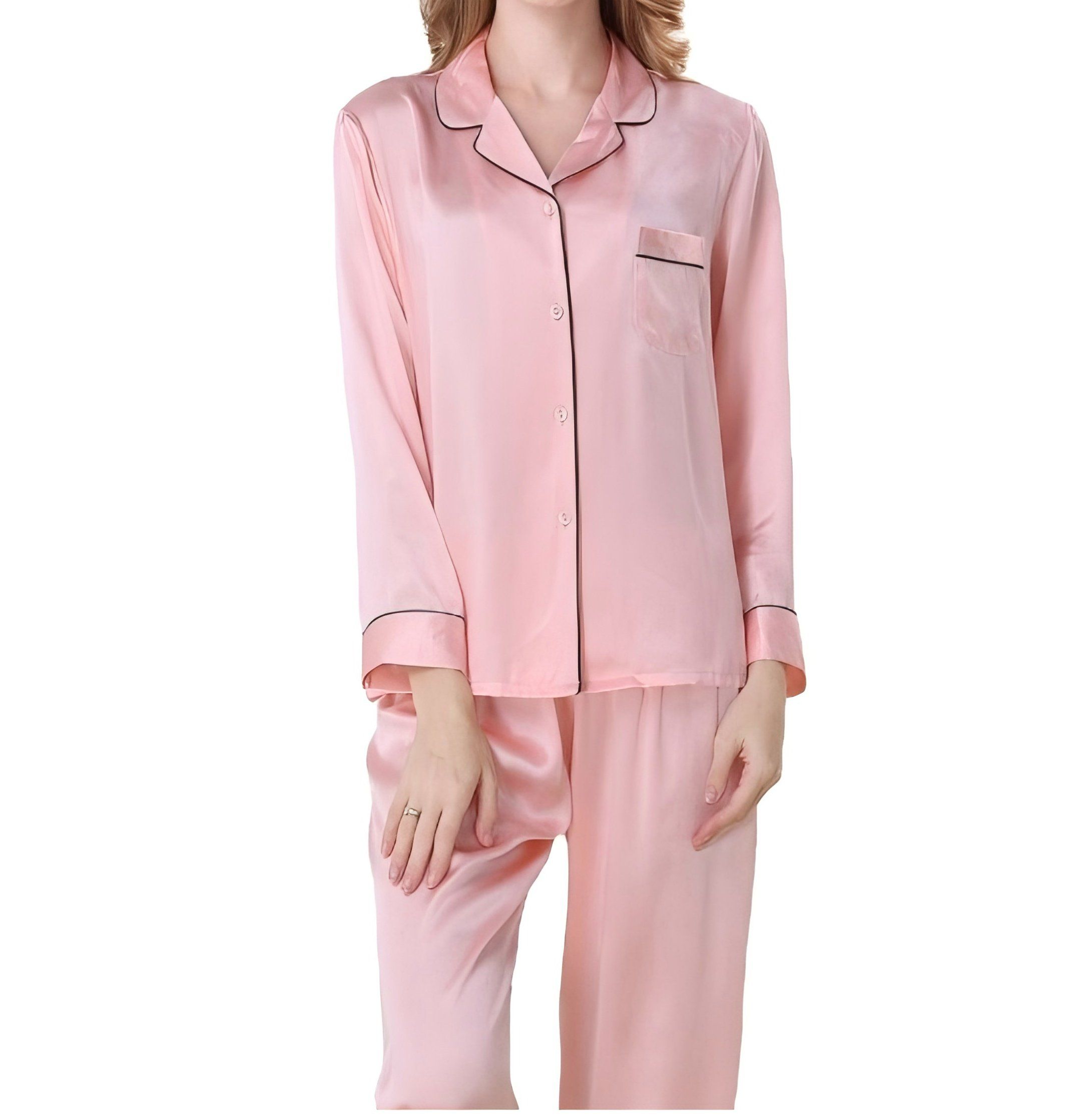 Oekotex100 Soft Comfortable Smooth Bright Women Silk Pajamas 2 Pieces Suit Set Sleepwear
