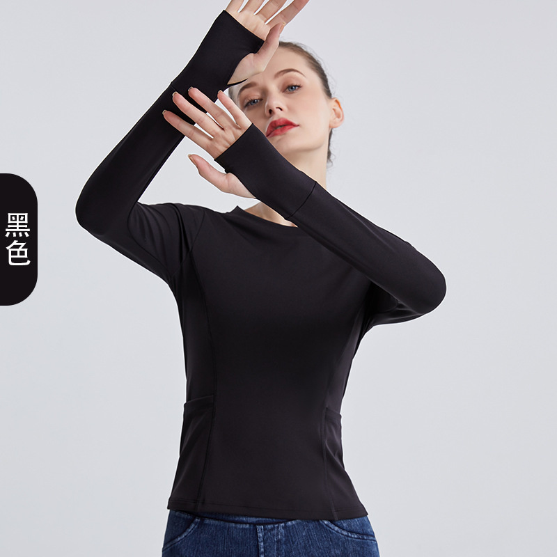New Yoga Clothes for Women in Autumn and Winter, Long-Sleeved Women's Nude Tight Double-Pocket Sports Tops, Running and Fitness Sportswear