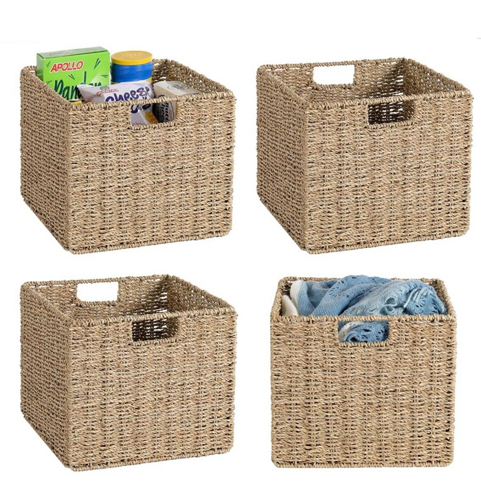 Folding Seagrass Storage Basket Decorative Storage Cube for Pantry Shelf Organization