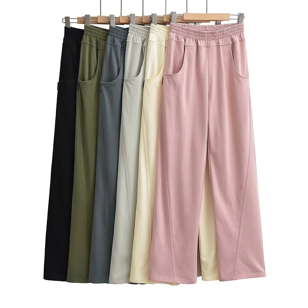 High Quality Cotton Terry Loose Ladies Sweatpants Panel Front Leg Back Pocket Elastic Waistband Female Trousers Joggers Women