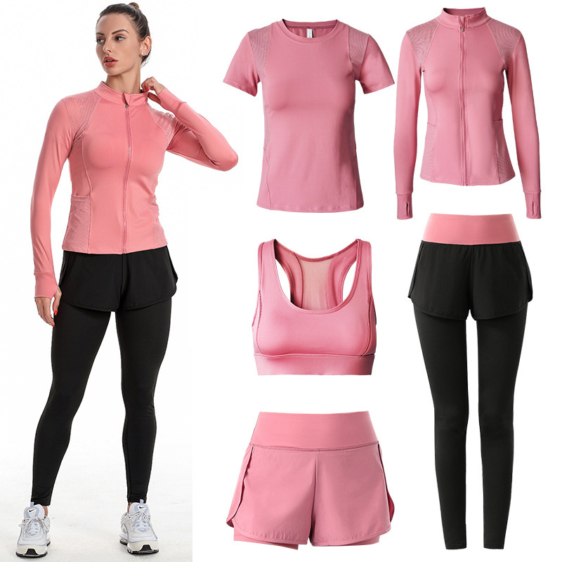 Factory Manufacture Jogger Tracksuit 5PCS Ladies Biker Cycling Wear Women Activewear Sports Jacket T Shirt Shorts and Sports Bra Yoga Set