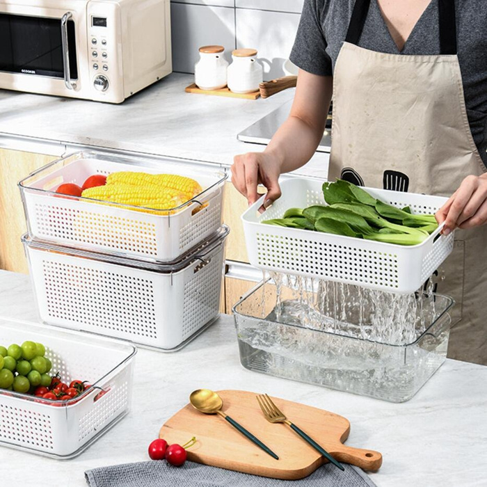 Plastic Drain Basket for Kitchen Fridge Pantry Organization