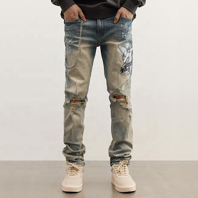 Graphic Printed Men's Jeans High Quality Stock New Style Denim Jeans Men Dropship