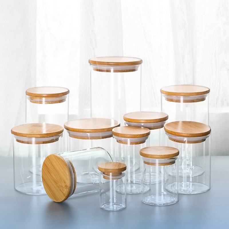 Glass Jar Bamboo Wooden Lids Canisters Candle Holders Nut Oats Coffee Flour Sugar Pasta Rice Borosilicate Food Storage Containers Jar