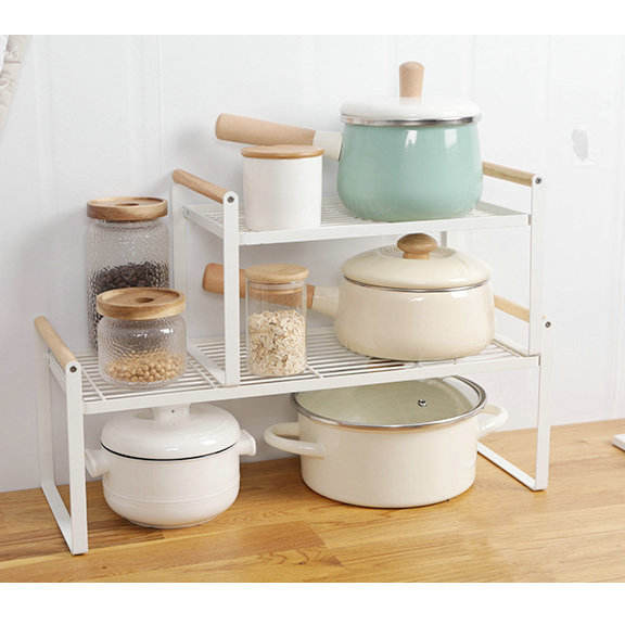 Ts-4 Double Layer Kitchen Spice Rack Metal Dish Rack Storage Rack with Wooden Handle Kitchen Organizer