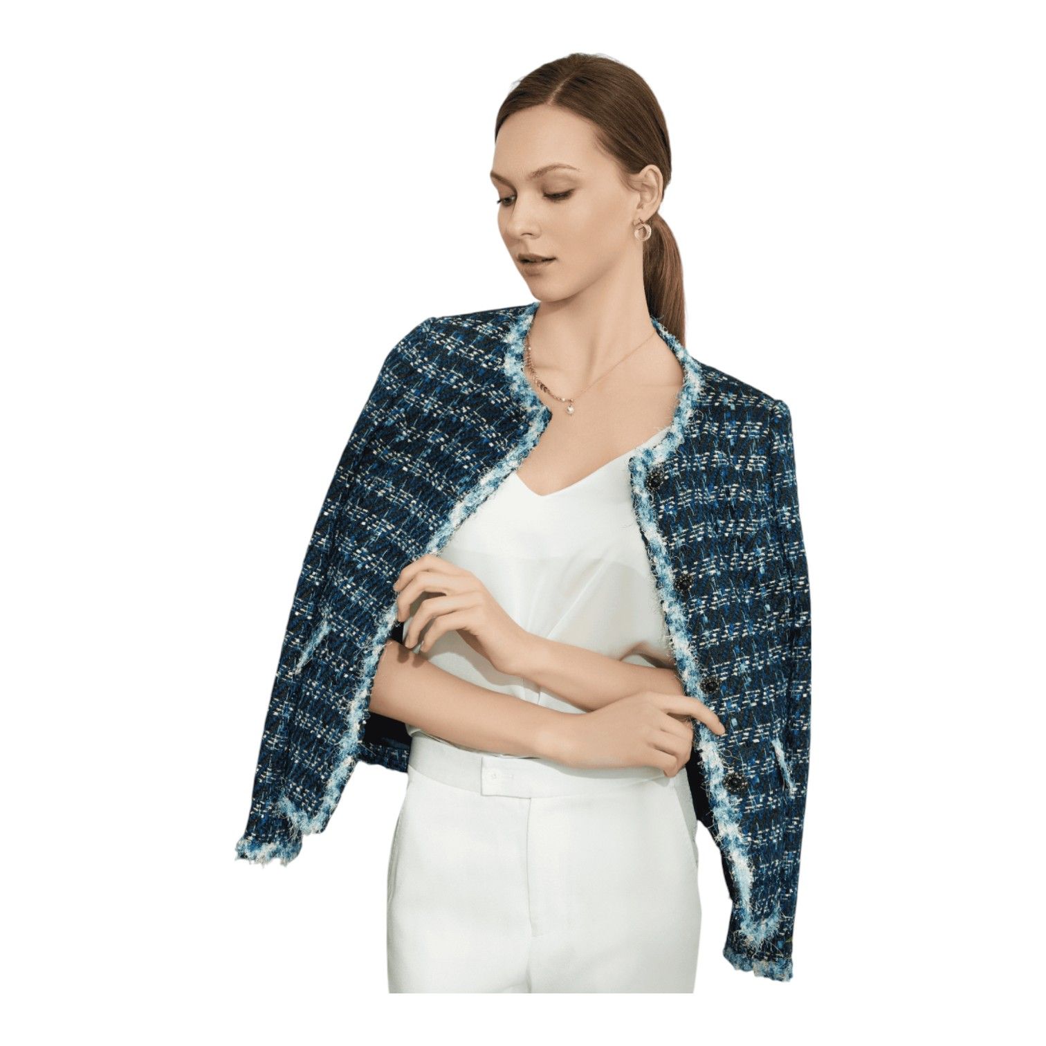 Graceful Open-Front Profile Offering a Relaxed Yet Elegant Style Made to Measure Tweed Jacket
