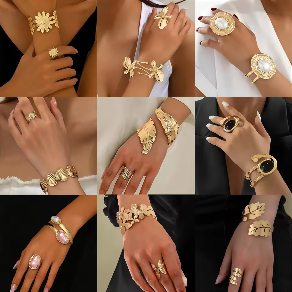 Hot Fashion Wholesale New Open Adjustable Bracelet And Open Ring Set Of Women Jewelry Set Factory Direct