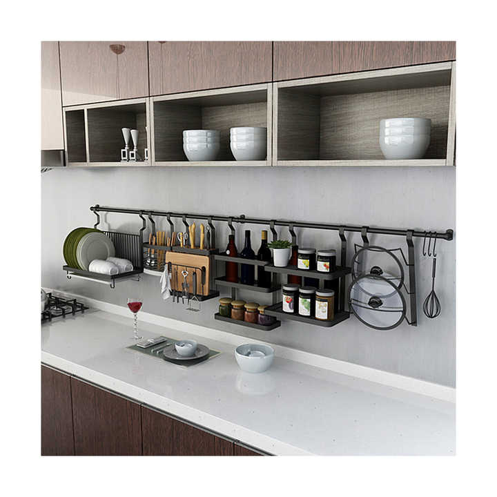 Kitchen High Quality 304 Stainless Steel Wall Mounted Kitchen Utensil Accessories Storage Spice Storage Rack with Hooks