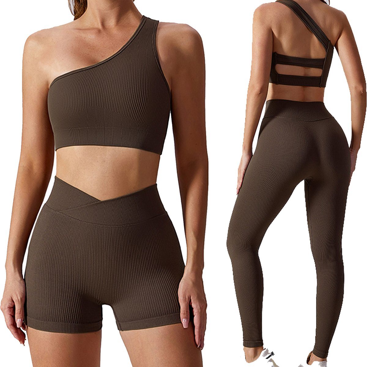 Women Activewear One-Shoulder Gym Bra V Waist Yoga Leggings Rib Seamless Sportswear