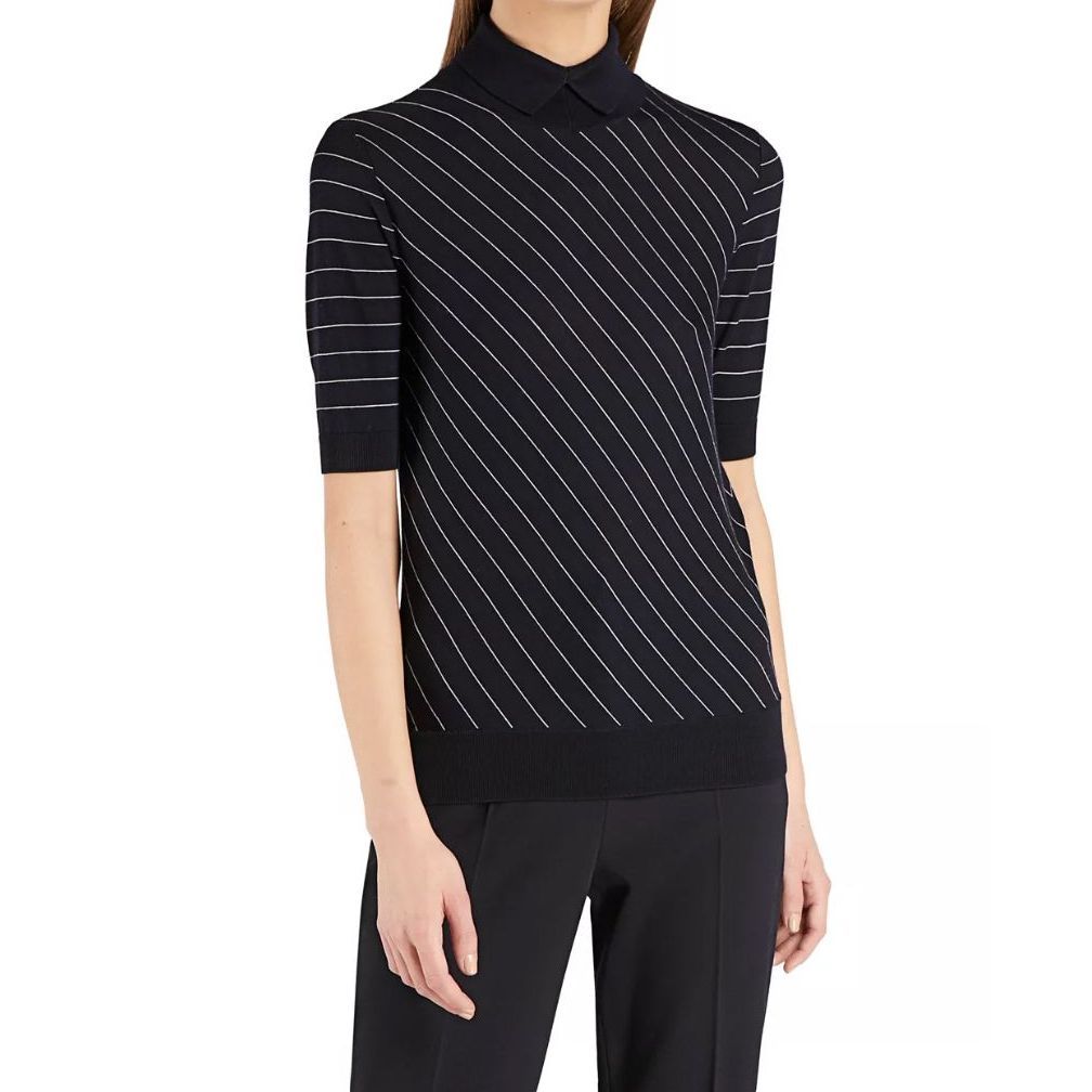 Ladies Fashion Point Collar 100% Wool Stripe Sweater