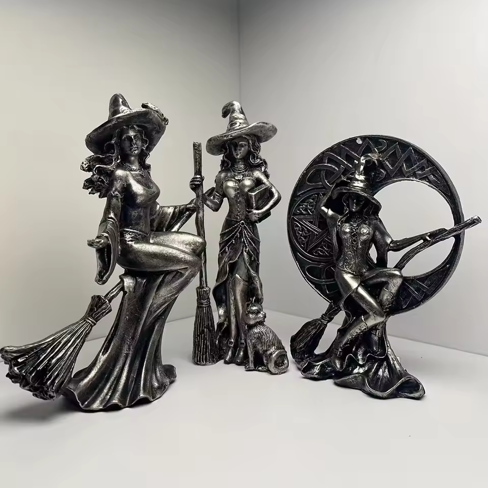 Resin Moon Witch With Broomstick & Cauldron Bca45 European Style Creative Decorative Crafts