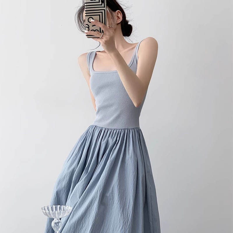 Fashion Women Casual Dress Solid Color Gather Maxi Dress New Sweet Sleeveless Dress Rib Top
