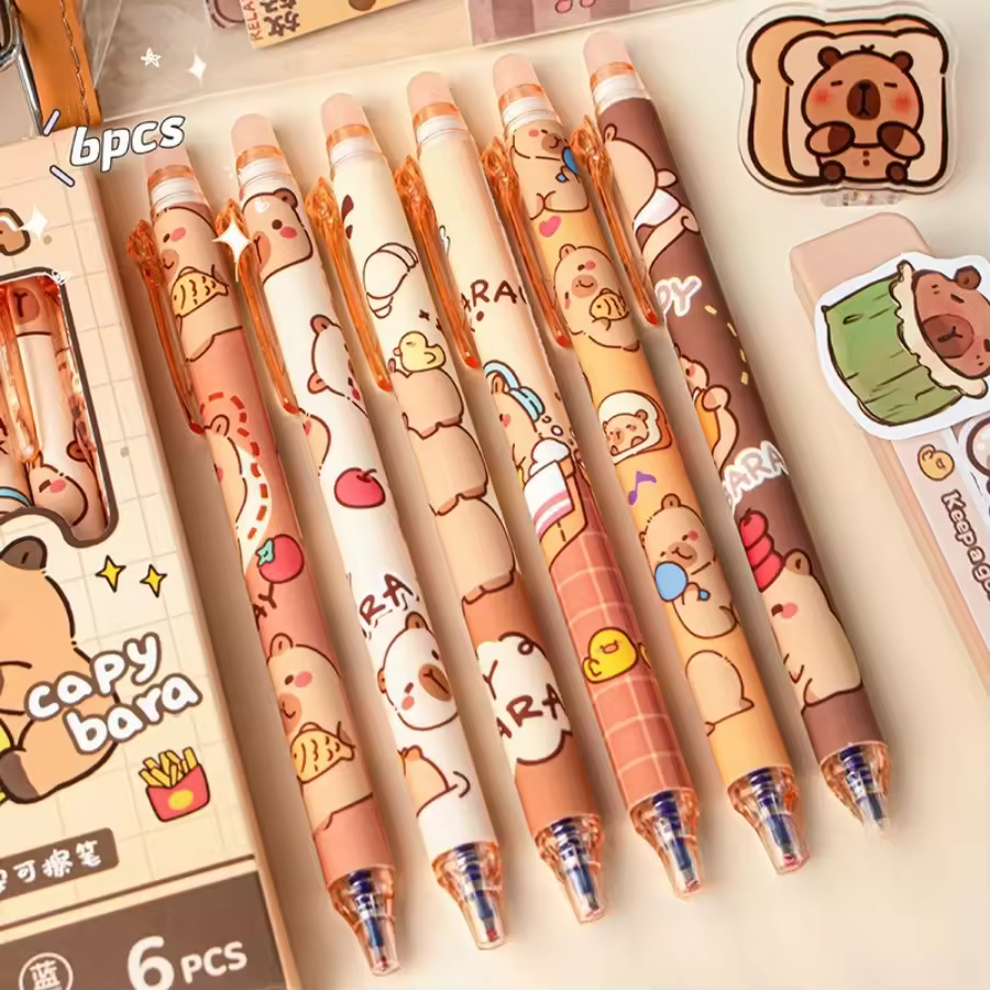 New Fashion Comfortable 6 Pcs Gel Pen Set Hand Portable Cute Cartoon Capybara Erasable Gel Pen For Kids