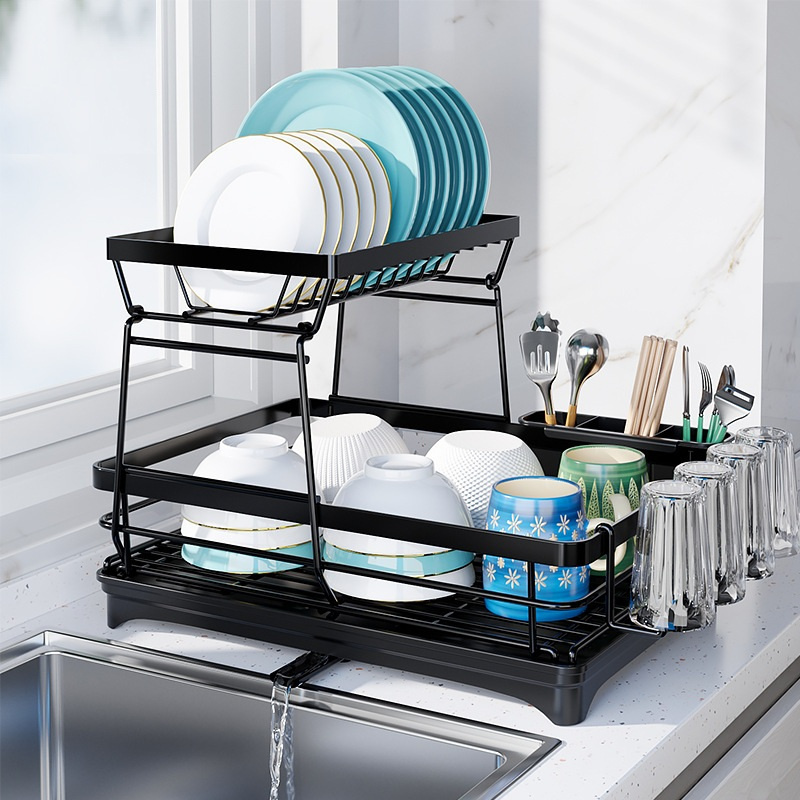 Double-Layer Dish Drainer Rack Kitchen Storage Rack Drying Bowl Sink Removable Drainer