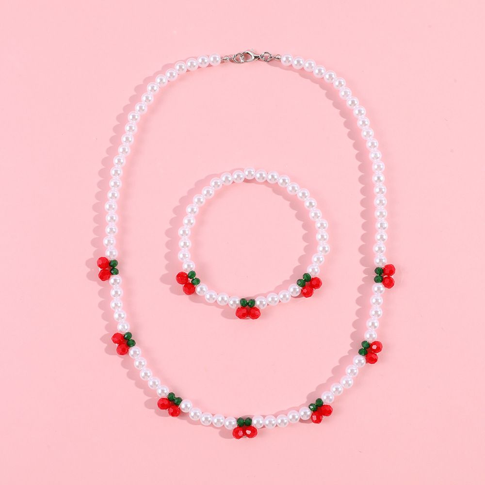 2-Piece Set Girls Cute Red Braided Cherry Bracelet and Necklace Fashion Jewelry