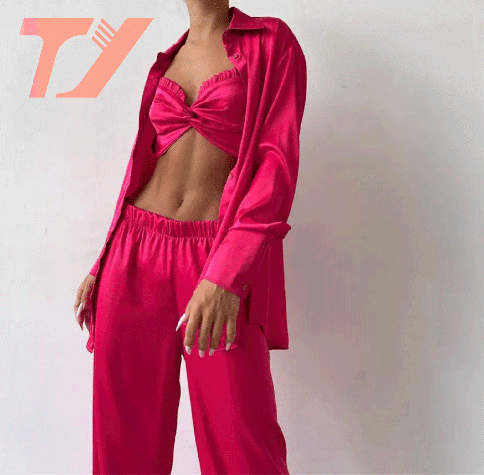 New Arrival Solid Color 3 Piece Set Pajama Women Sexy Cami Long Sleeve Set Lingerie Pijama Satin 3 Piece Set Women's Sleepwear