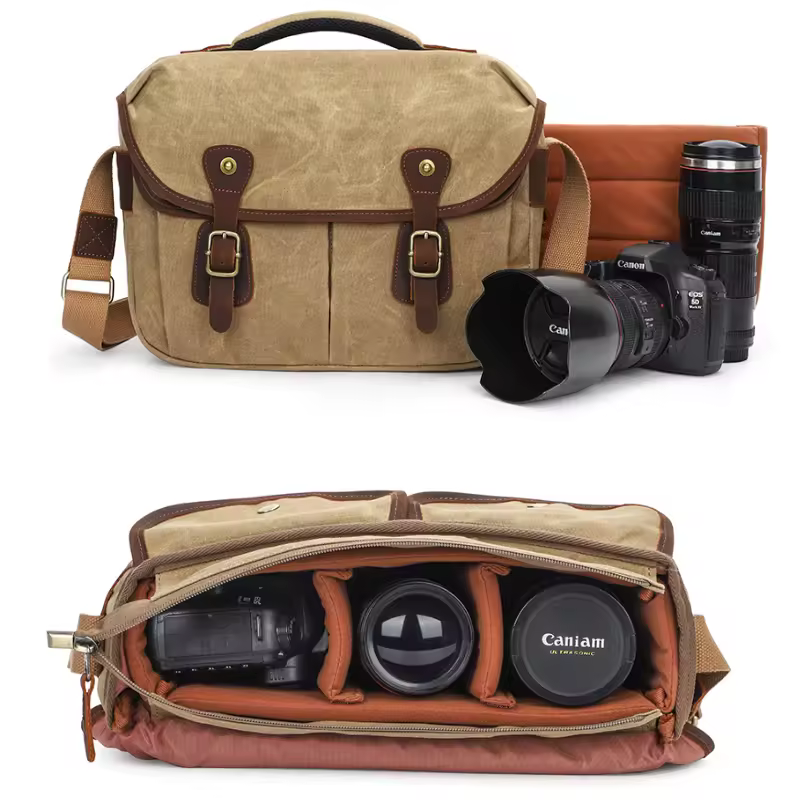 In Stock Waterproof Waxed Canvas Photography Travel Camera Messenger Bag For Nikon Canon Sony Mirrorless Cameras
