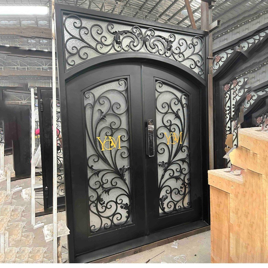 Minimalist Design Laser Cut Arch Top Single Steel Entry Door Open-Swing Wrought Iron Exterior Single Doors for Villas House