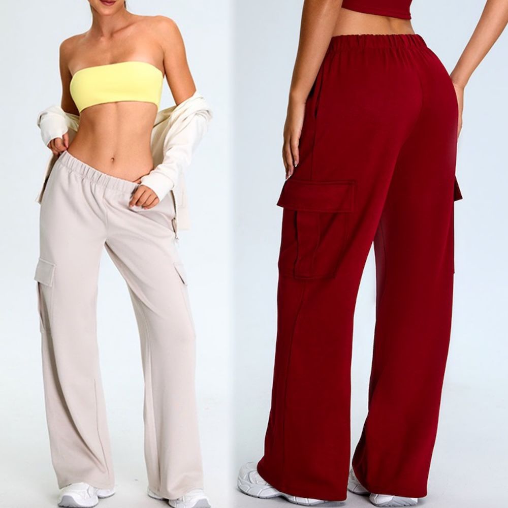 Wholesale Fall Winter Athletic Wear Casual Lounge Loose Cargo Sweatpants for Women, Elastic Waistband Wide Leg Baggy Track Pants with 4 Pockets