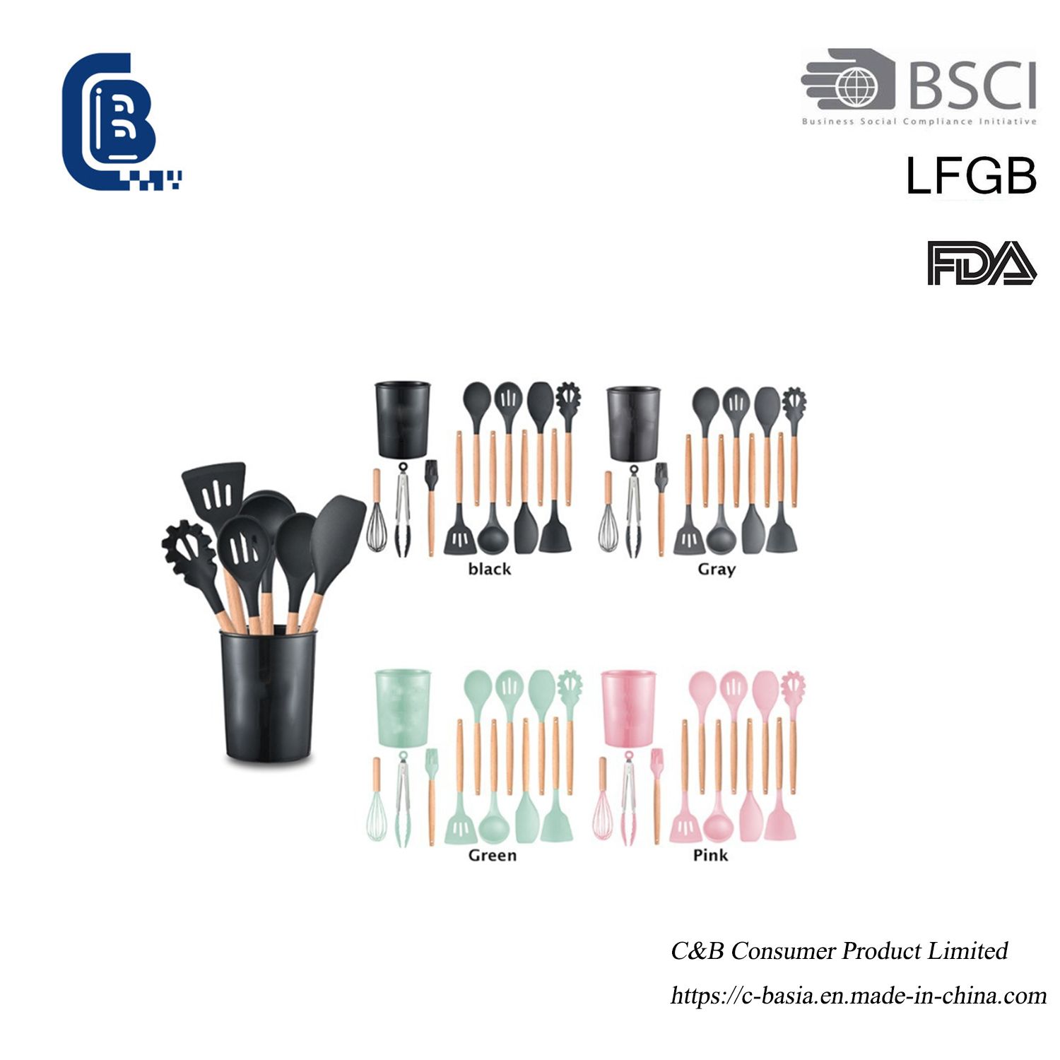 Kitchen Cooking Silicone Utensils, Kitchenware, Kitchen Gadget Set with Wooden Handle