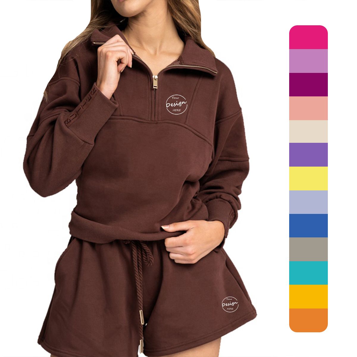 Female Sportswear Tracksuit Autumn Spring Fashion Wear Womens Sweat Suits 1/4 Zip up Short Pants Two Piece Jogger Set