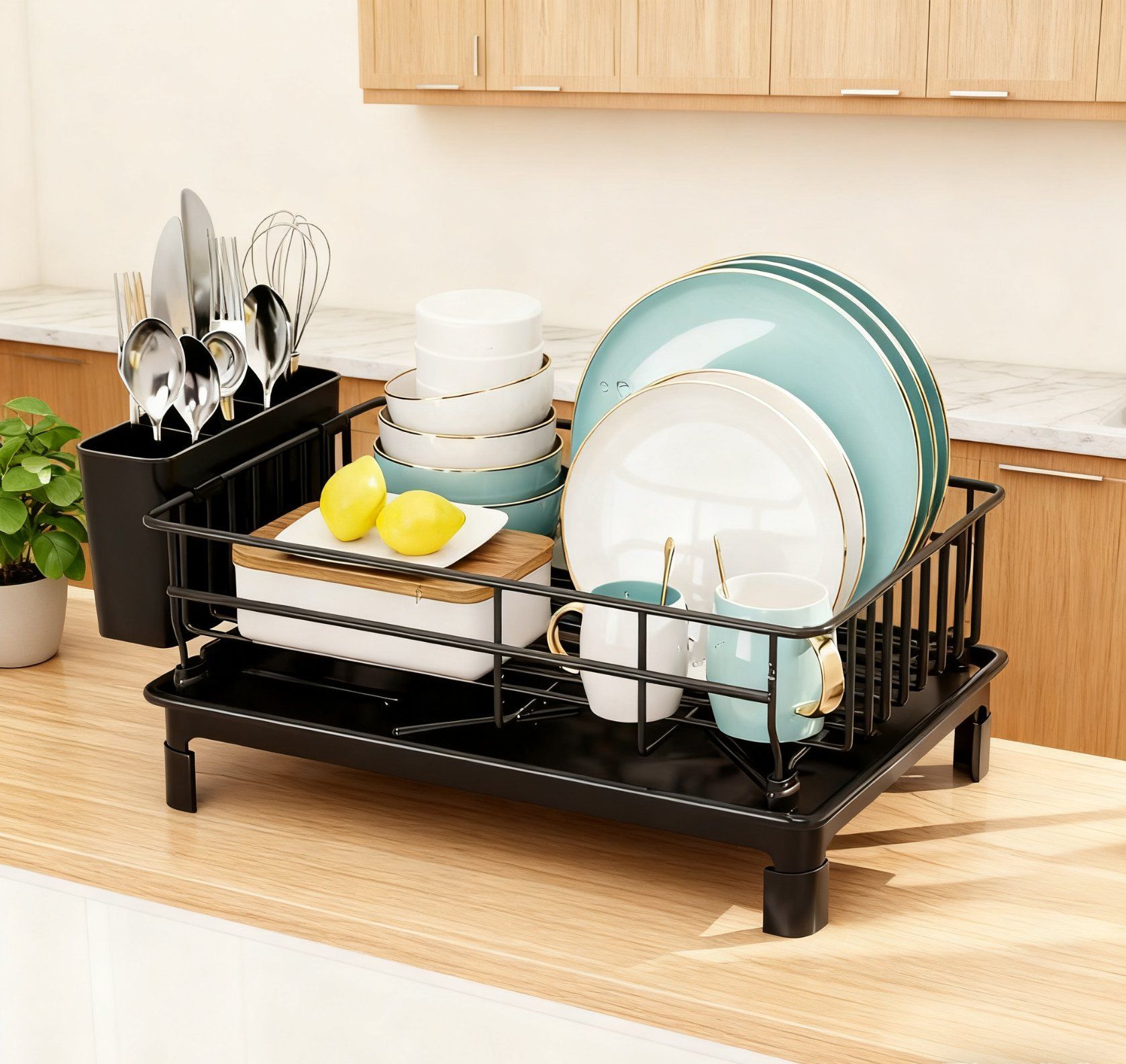 Modern Dish Rack for Kitchen Counter Dish Drain Rack Sink Drying Rack Kitchen Storage Organizer with Cutlery Holder