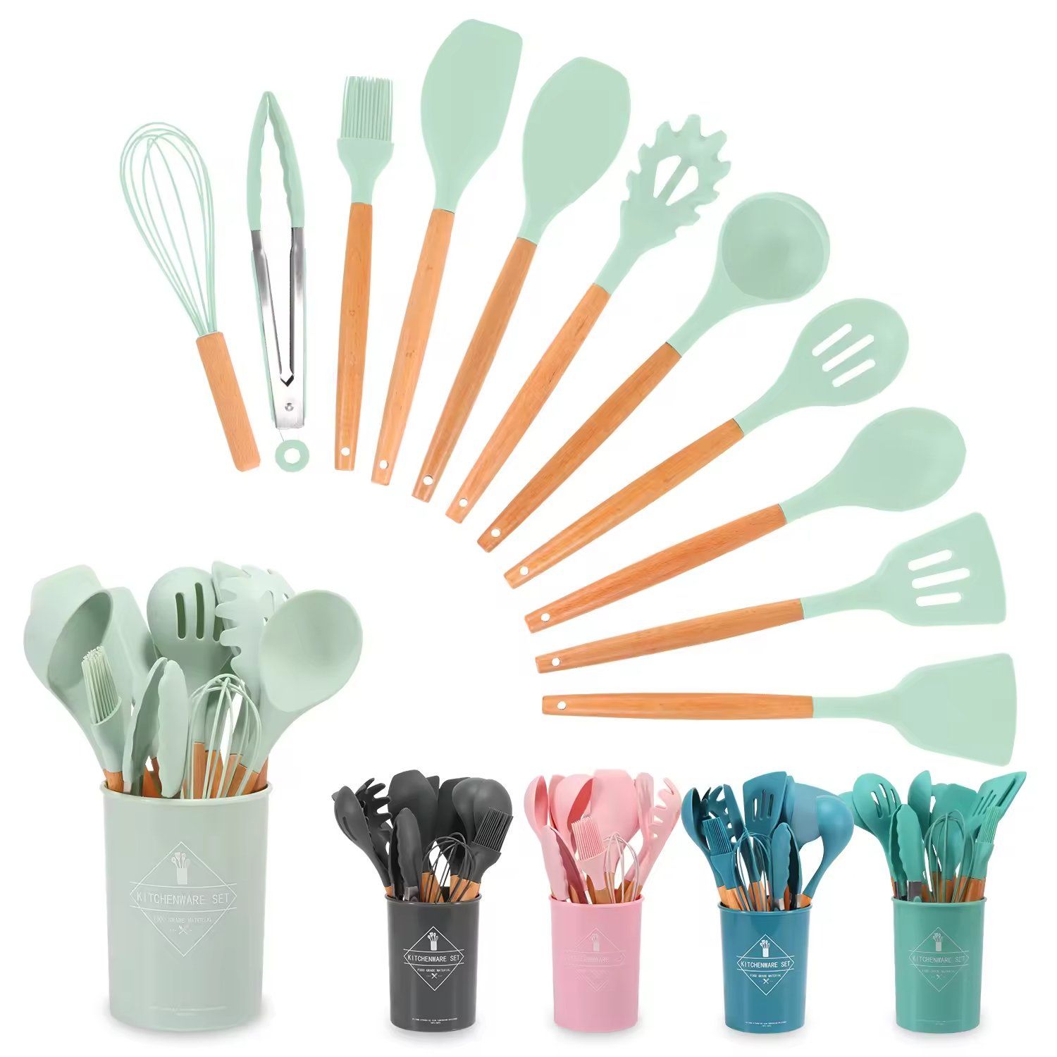 Hot Selling 12-Piece Kitchenware Set Non-Stick Pan Wooden Handle Silicone Utensils Including Spatula Spoon for Cross-Border