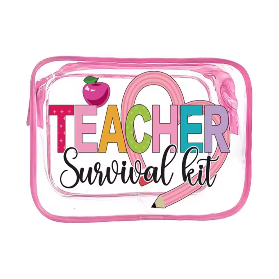 2025 High Quality Pvc Cosmetic Pouch Gold Zipper Teacher Survival Kit Waterproof Transparent Makeup Bag