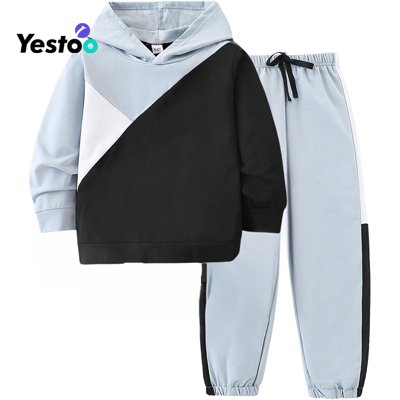 Boys Clothes 2PCS Little Boy Color Block Hoodie + Jogger Pants, Boys Fall Outfits Set, 5-12 Years