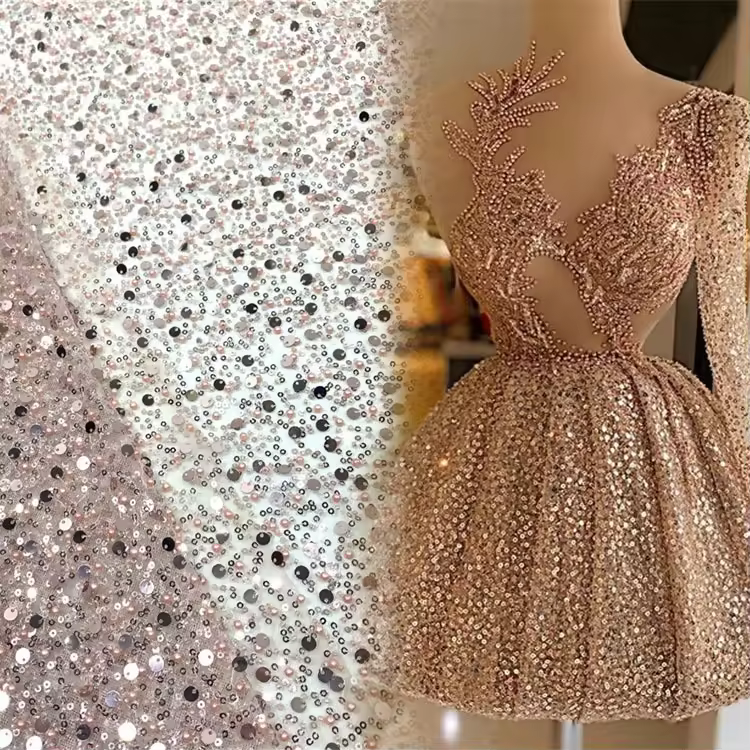 Chocoo Hot Selling Bridal French Tulle Lace With Beads Glitter Net Sequins Beaded Embroidery Lace Fabric