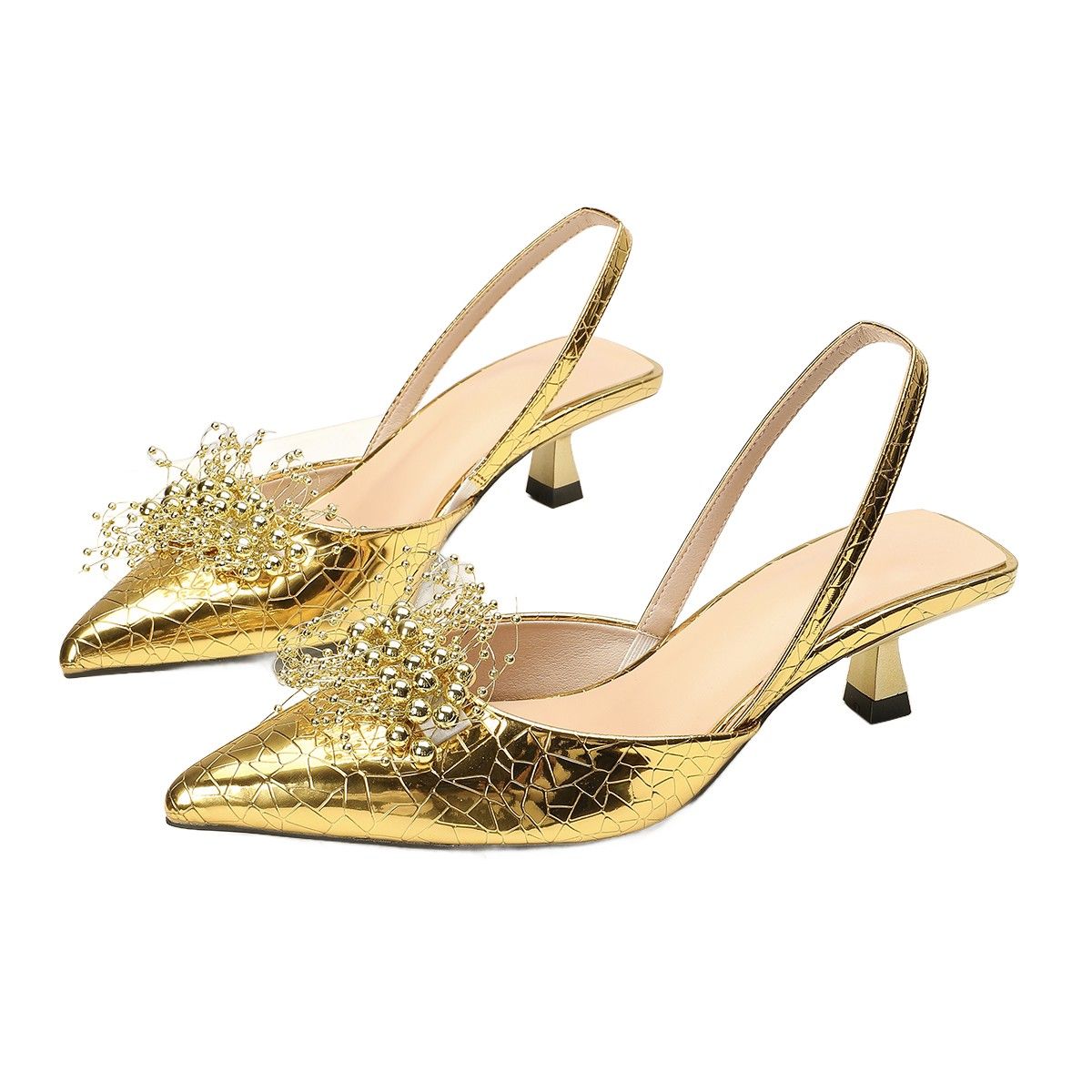 Gold Party Gala Pumps Women's Slingback Kitten Heel Buckle Strap Dress Shoes