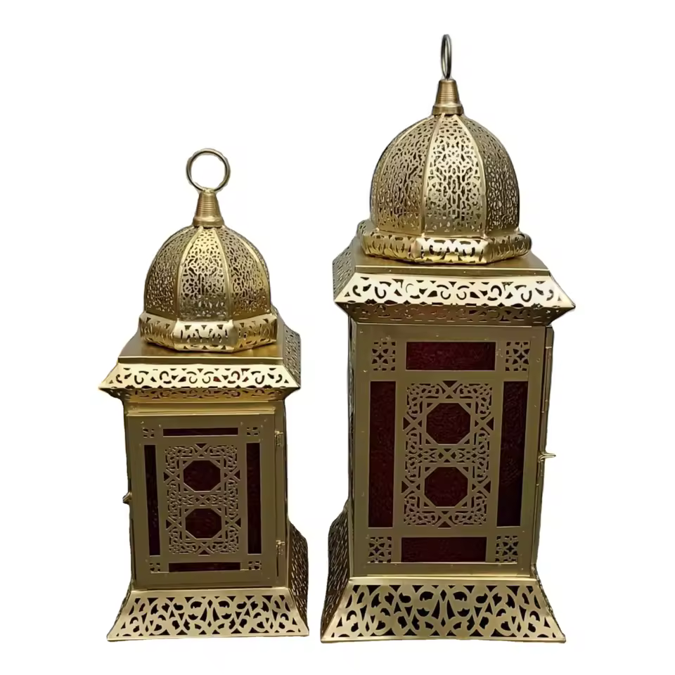 Set 2 Golden Moroccan Lanterns Dome Top Decorative Metal Candle Holders For Home Christmas Ramadan Eid Festive Decorations