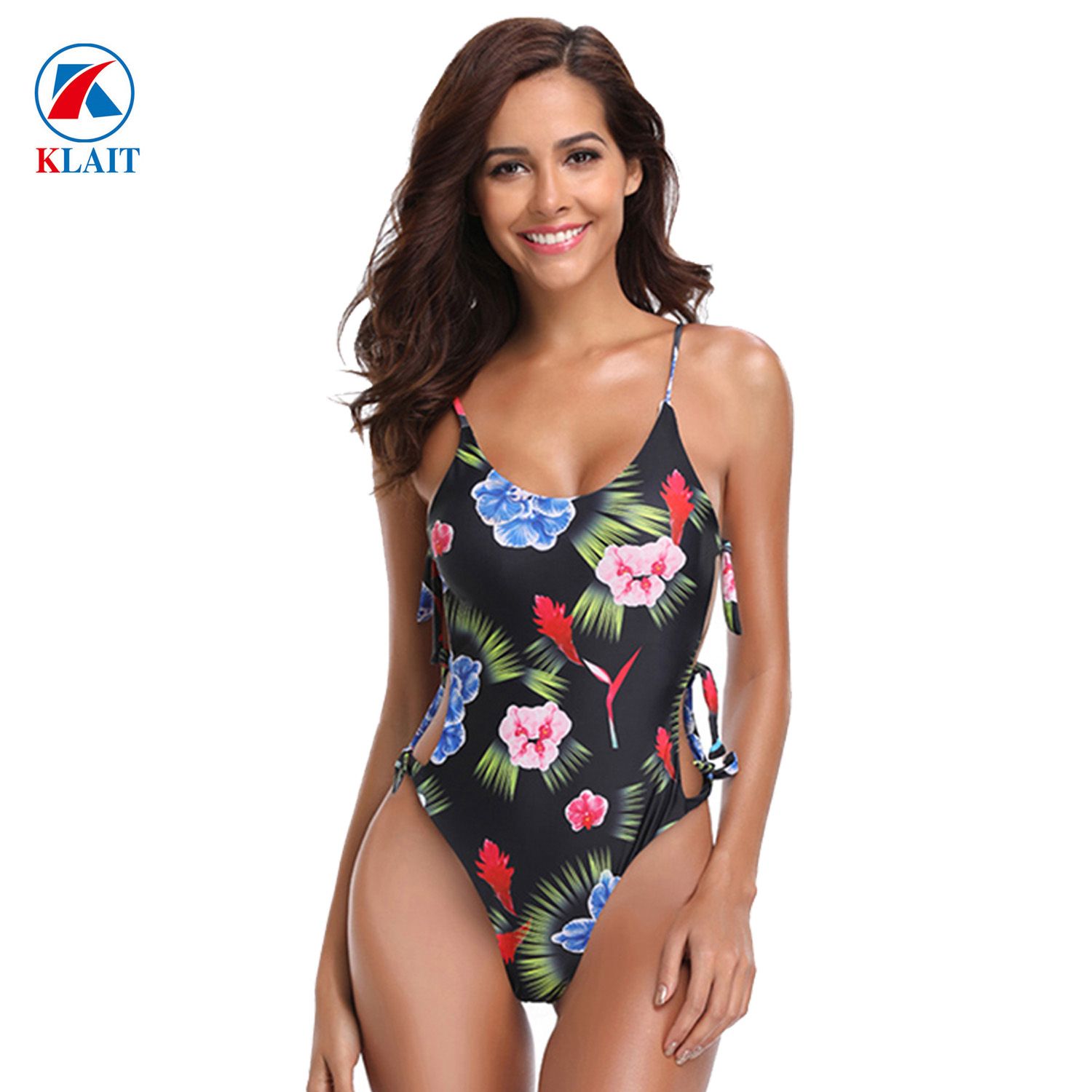Sexy V Neck Tie Side Push up Women Bodysuit One Piece Floral Print Lace up Swimwear