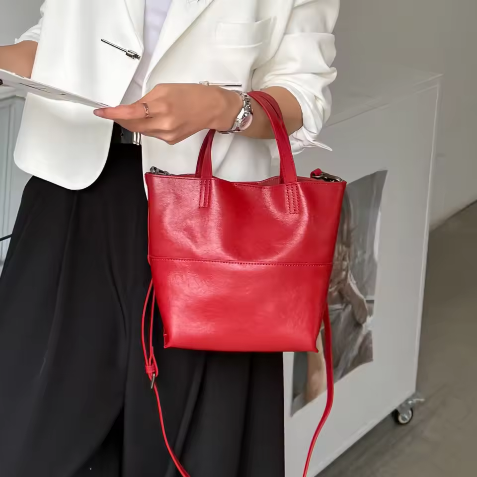 2025 Spring/summer Collection Women's Fashionable Cowhide Bucket Bag Large-capacity Single-shoulder Crossbody Hand-held Tote Top
