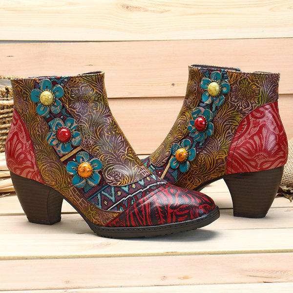 Factory Wholesale Genunie Leather Shoes Floral Buckle Lady Heel Boots