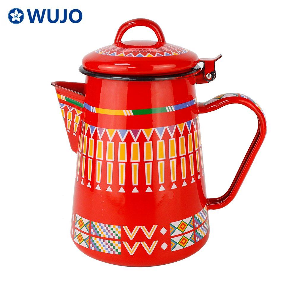 Wujo Enamel Coffee Tea Pot Latest Design Red Enamel Tea Kettle with Lid