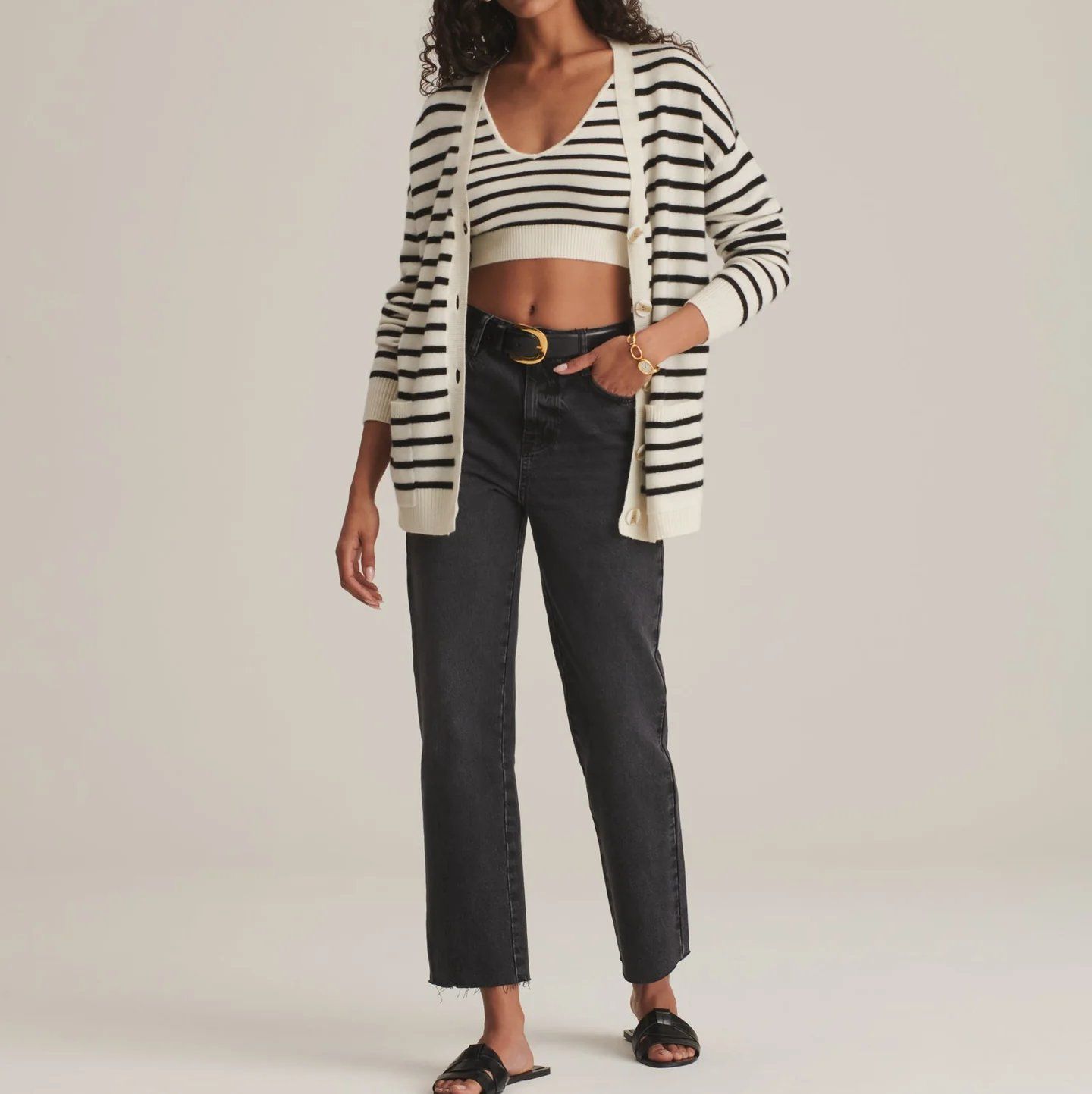 Premium Cashmere Knitted Ladies Striped Cardigan Sweater Jumper