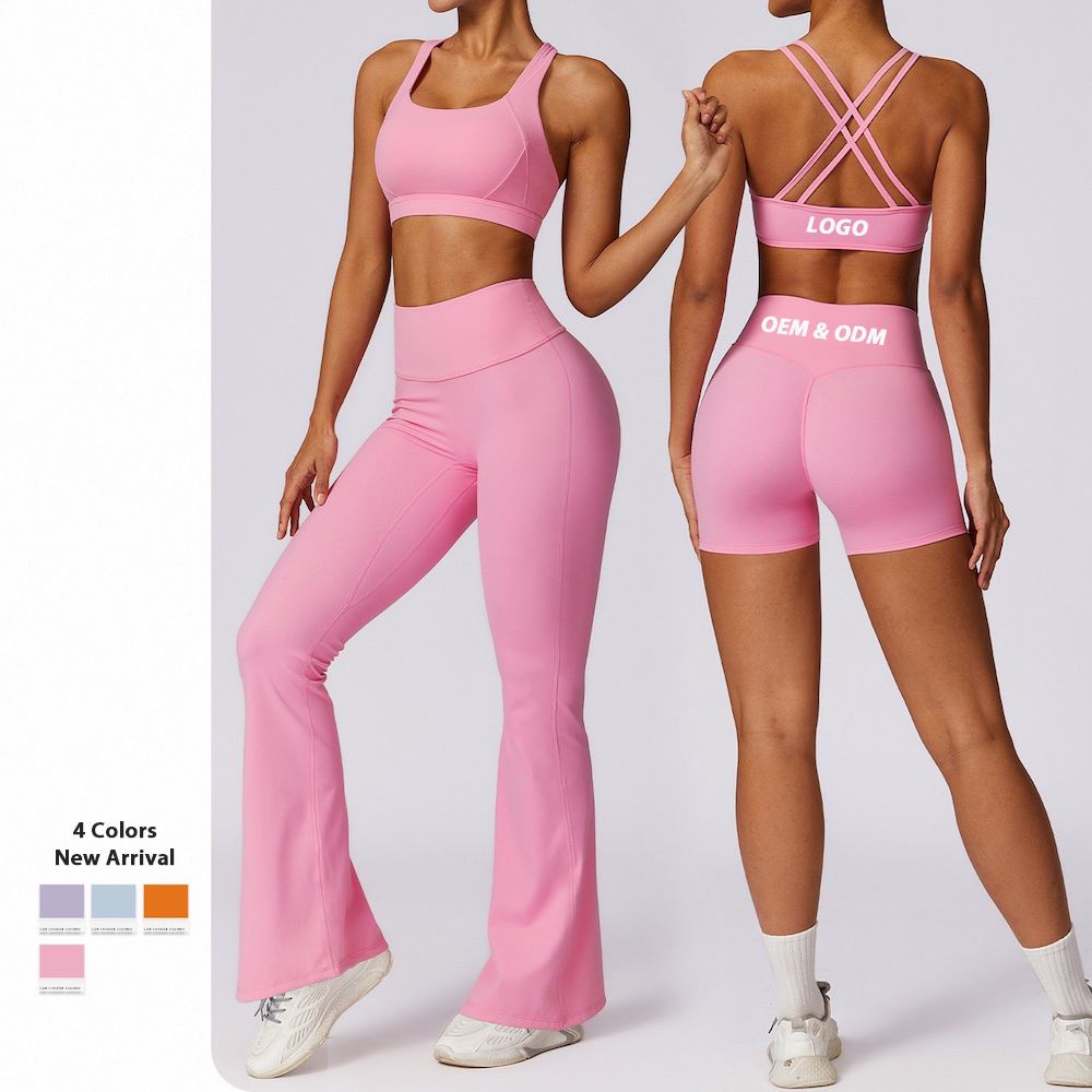 Dongguan Factory Wholesale 5PCS Set Luxury Sports Sweat Suit Gym Wear for Women, 2 Workout Bra + Yoga Shorts + Yoga Leggings + Flare Pants Sexy Sports Apparel