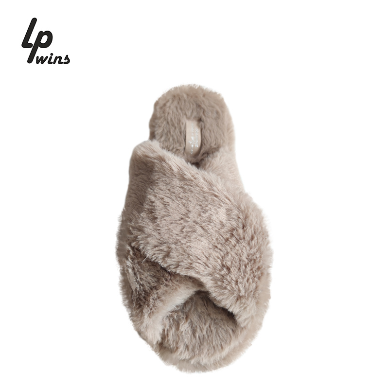 Home Women Slides Warm Cross Soft Plush Furry Faux Rabbit Fur Slippers Women