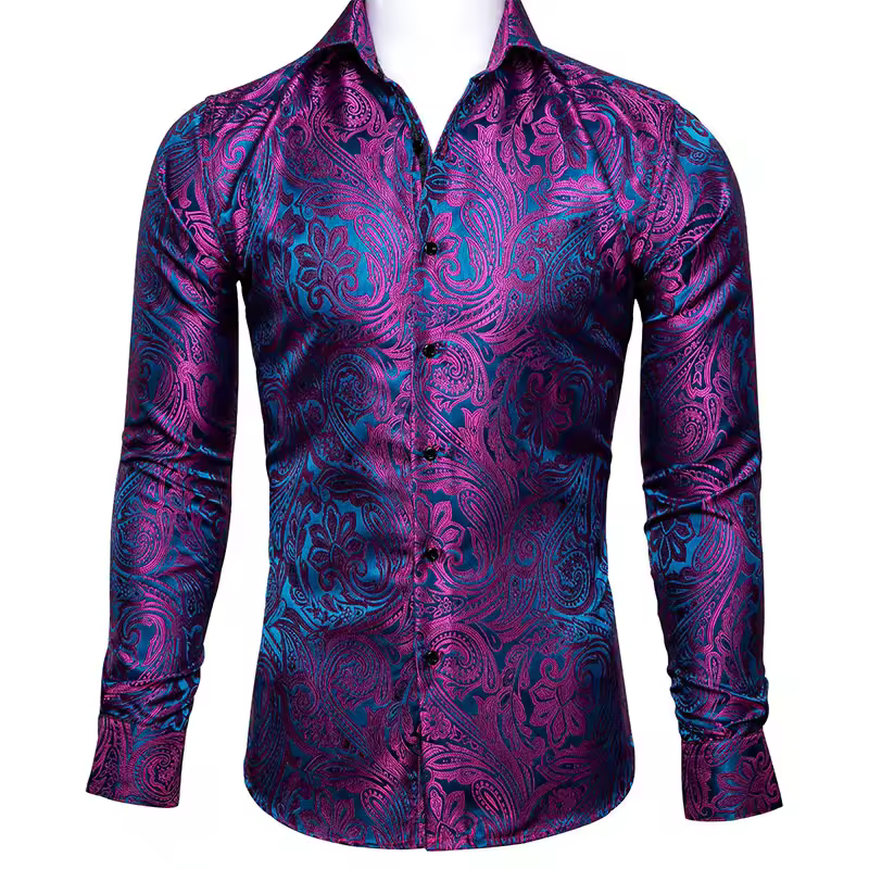 Luxury Rose Red Paisley Silk Shirts Men Long Sleeve Casual Flower Shirts For Men Designer Fit Dress Shirt Cy-0029