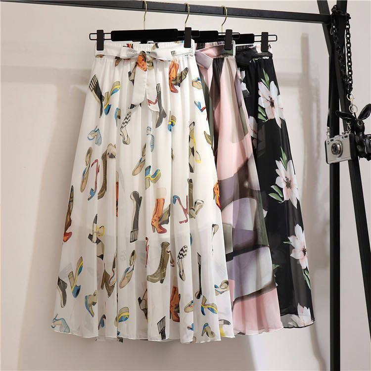 Superwomen Summer Skirts 2022 Vintage Printed Chiffon a-Link Skirt Bow Waist Casual Holiday Beach MIDI Skirt Stock