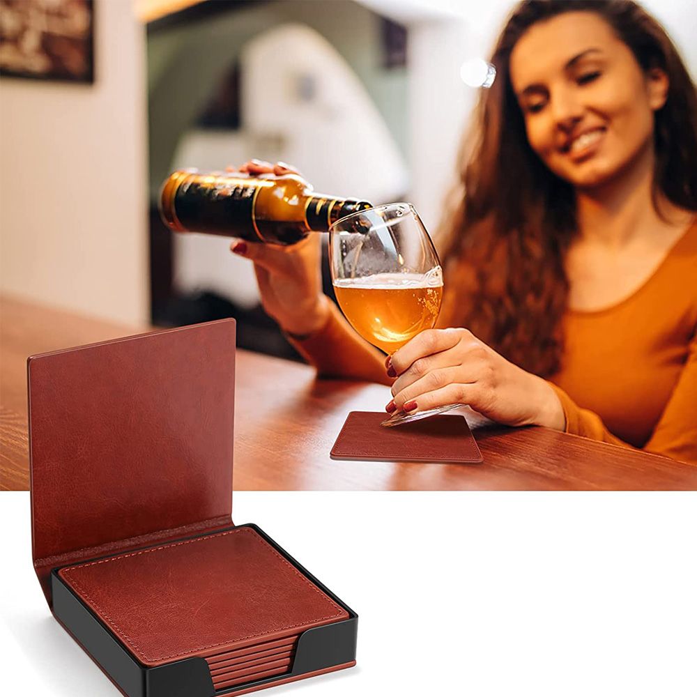 Brown PU Leather Square Coffee Drink Coasters with Holder for Home/Office/Kitchen/Bar