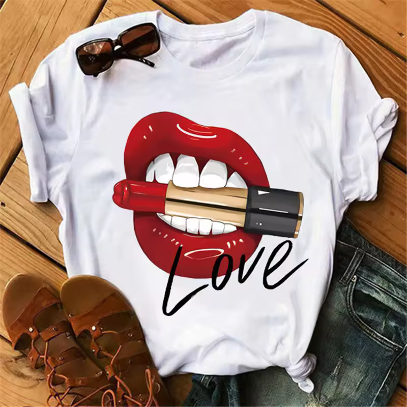 Cheap Price Plus Size Summer Casual Women T Shirt Girl Lip Tshirt Print Graphic Tee