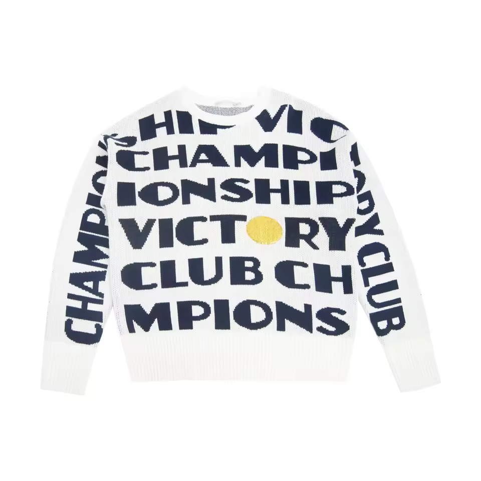 Sporty-inspired White Crew Neck Sweater With Bold Navy Blue Typography And Gold Accent Fashionable Odm Supply