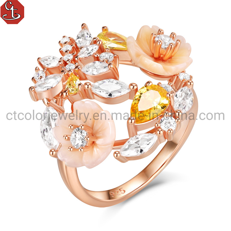 2022 Fashion Jewelry Hot Sale Shell Flower Multi Color Zircon Ring
