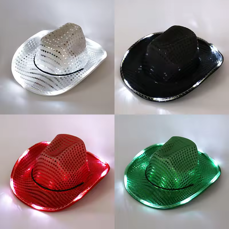 Neon Sparkly Glitter Space Led Sequin Light Up Cowboy Hat Disco Jazz Cowgirl Hat Led Mardi Gras Party Favors Novelties Costume
