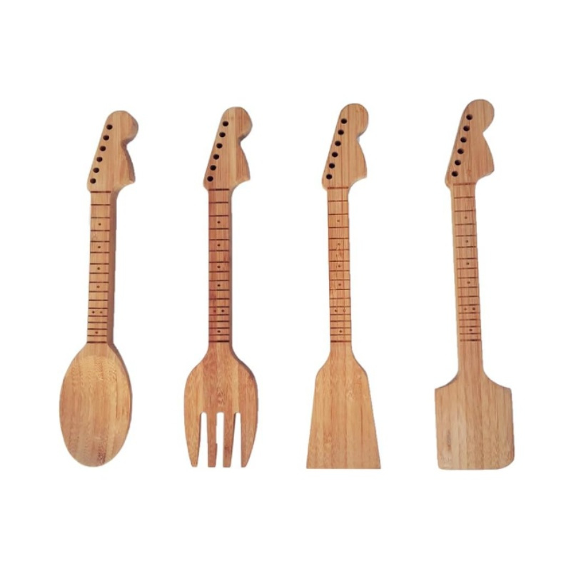 Bamboo Guitar Neck Shaped Kitchen Cooking Utensil Set - Guitar Shaped Musician Gifts