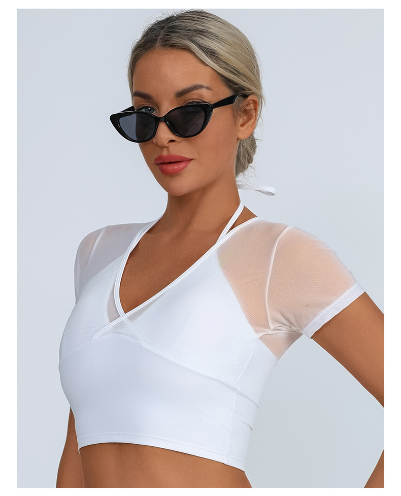 Deep V Neck Mesh Contrast Yoga Crop Women Fixed Cups High Waist Quick Dry Short Sleeve Top